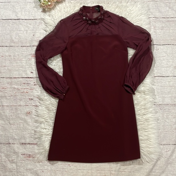 Ted Baker Cacey Embellished Neck Sheer Long Sleeve Maroon Sheath Dress - Picture 2 of 11